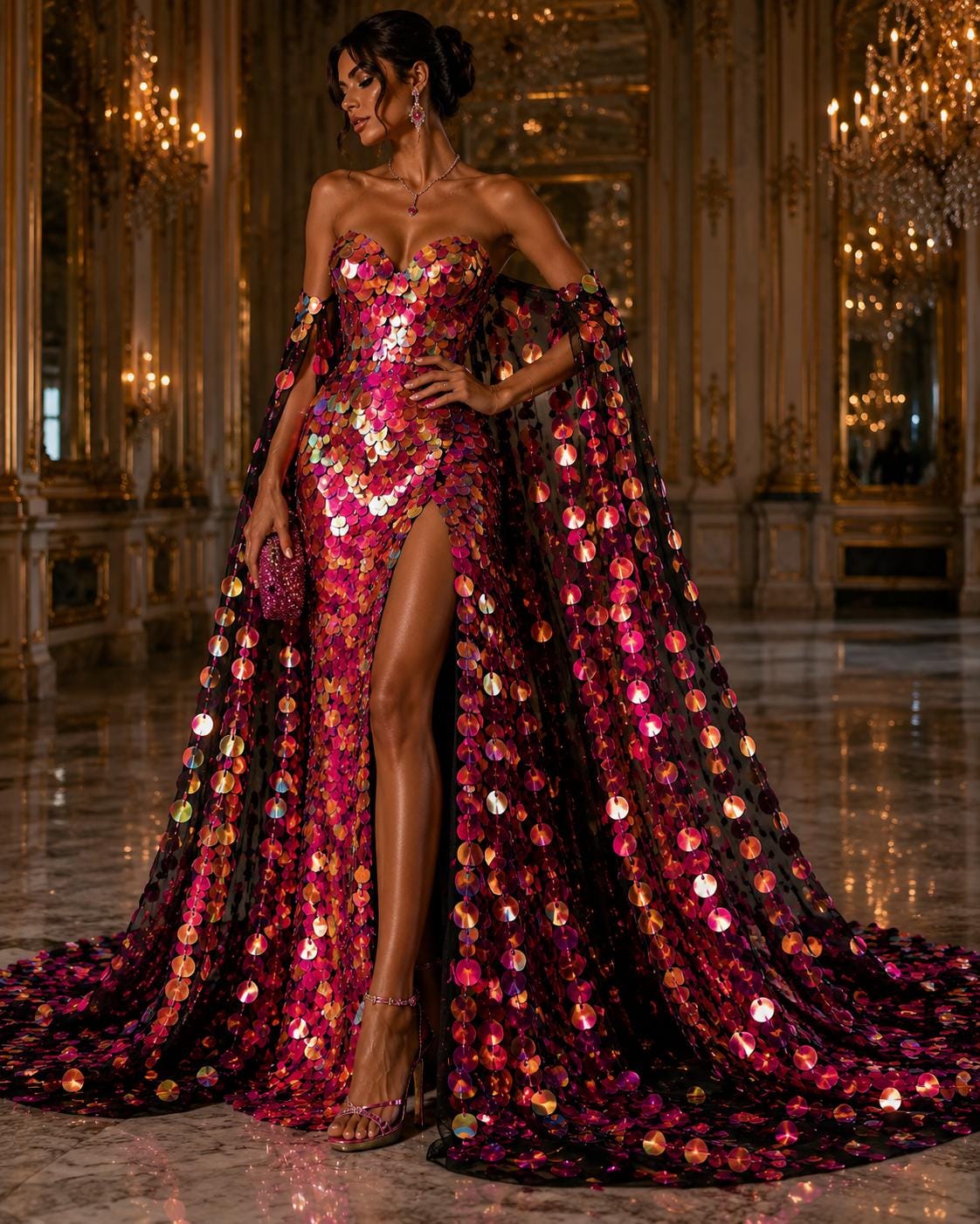 FUCHSIA/PURPLE - JUMBO - Iridescent Sequins Oval Sequin Paillette/Tear Drop Mermaid Big Sequins Fabric Mesh By The Yard.