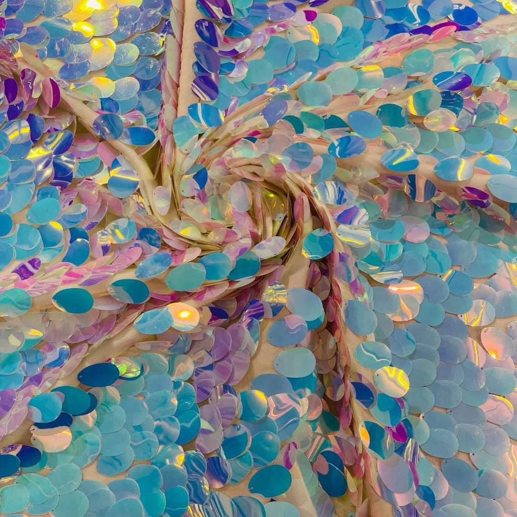 AQUA - JUMBO - Iridescent Sequins Oval Sequin Paillette/Tear Drop Mermaid Big Sequins Fabric Mesh By The Yard.