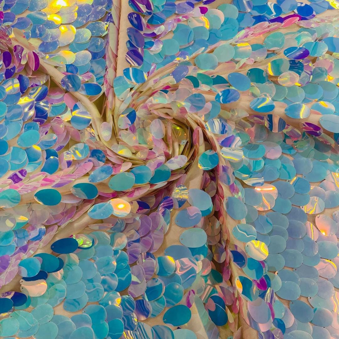 AQUA - JUMBO - Iridescent Sequins Oval Sequin Paillette/Tear Drop Mermaid Big Sequins Fabric Mesh By The Yard.