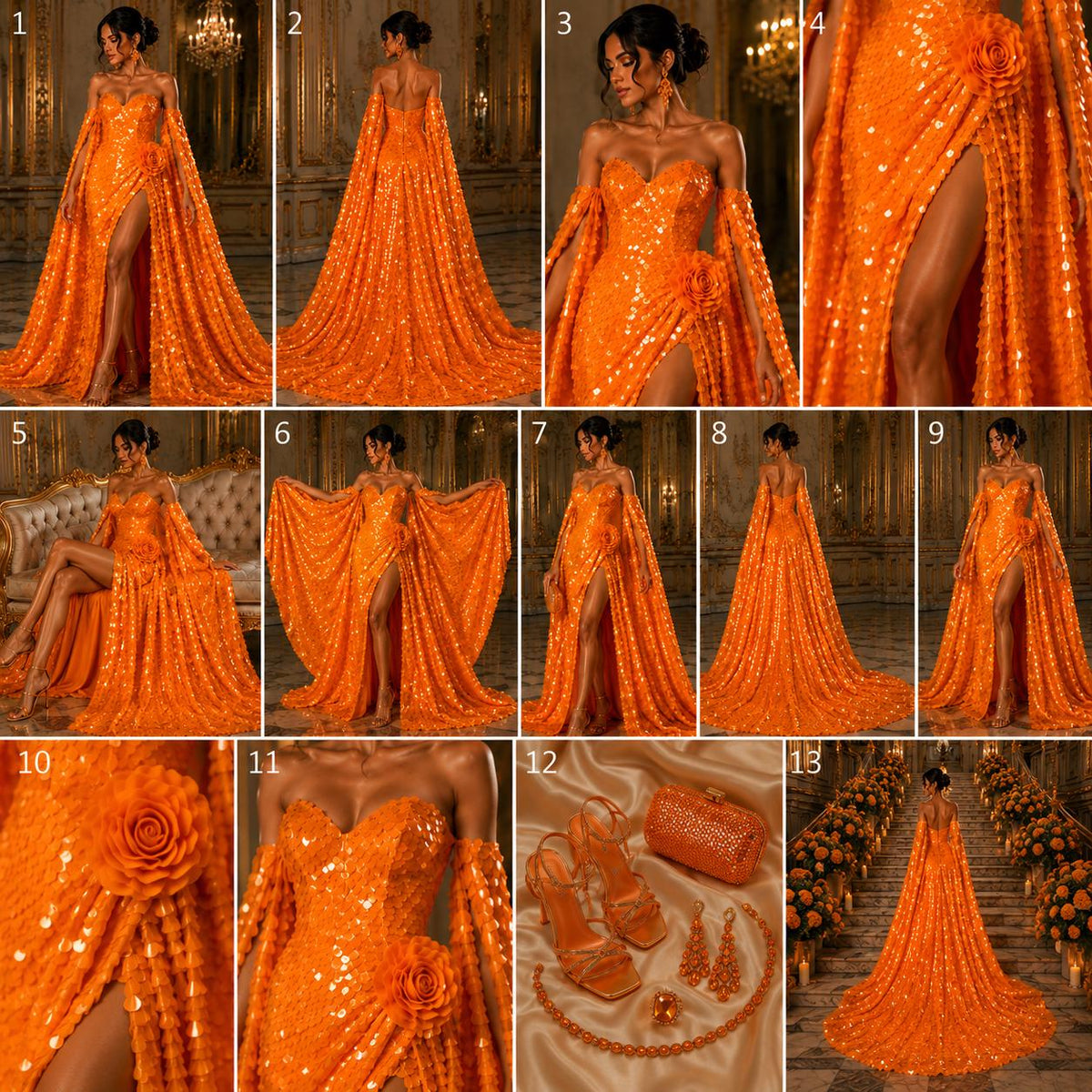 NEON ORANGE - JUMBO - Iridescent Sequins Oval Sequin Paillette/Tear Drop Mermaid Big Sequins Fabric Mesh By The Yard.