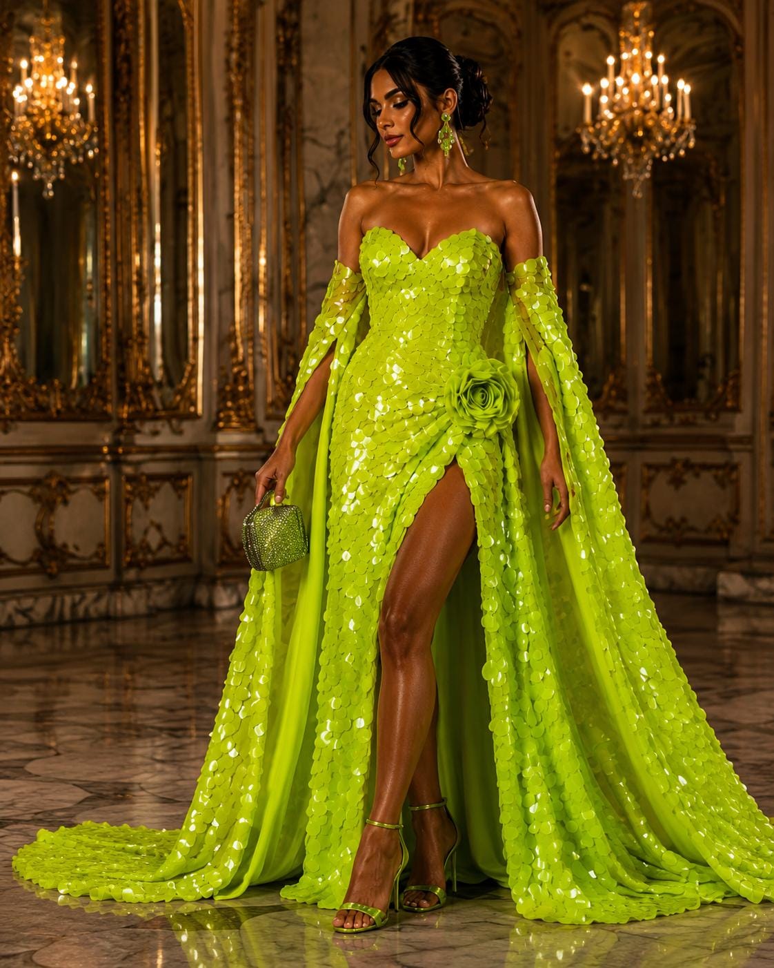 NEON LIME - JUMBO - Iridescent Sequins Oval Sequin Paillette/Tear Drop Mermaid Big Sequins Fabric Mesh By The Yard.
