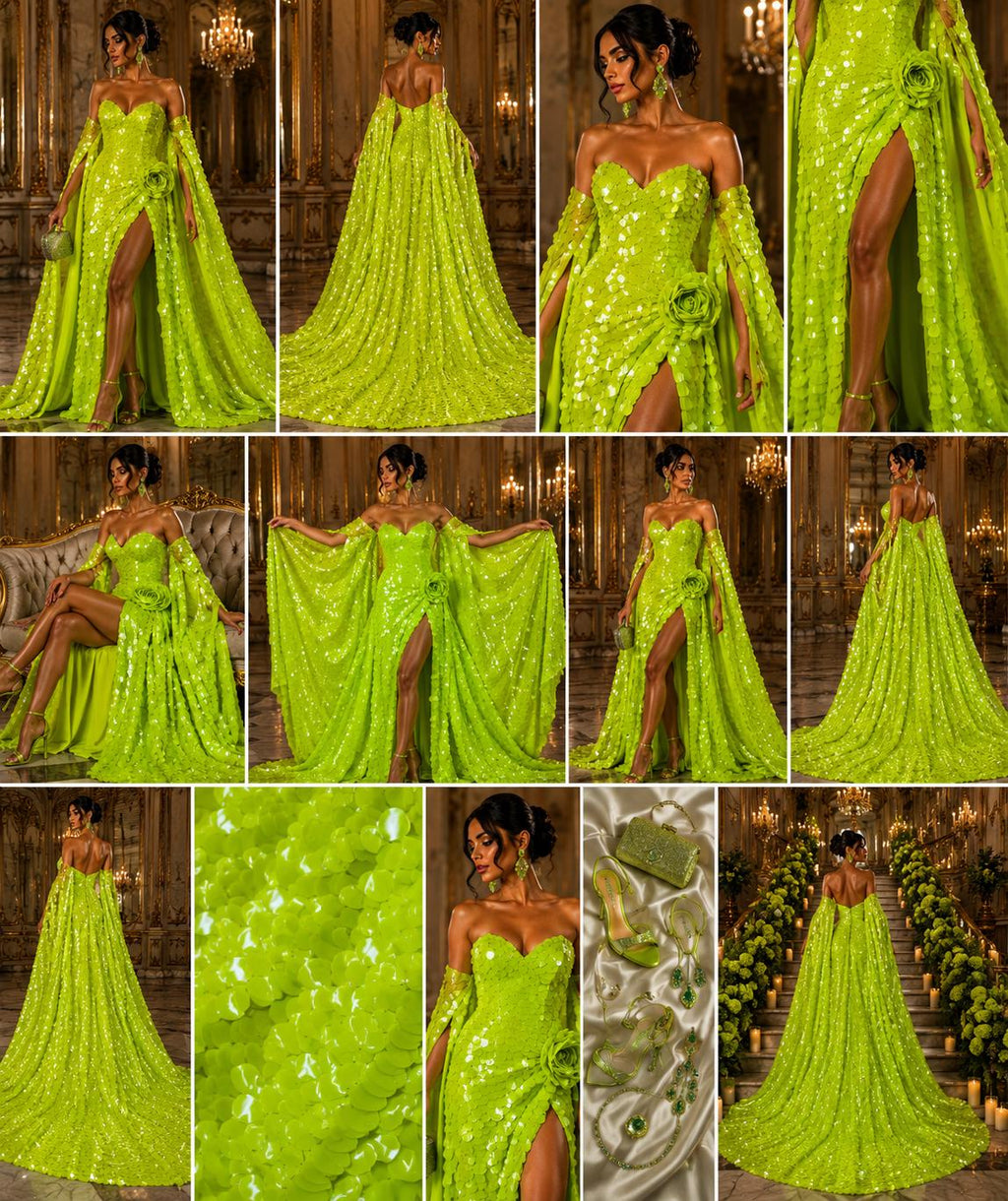 NEON LIME - JUMBO - Iridescent Sequins Oval Sequin Paillette/Tear Drop Mermaid Big Sequins Fabric Mesh By The Yard.