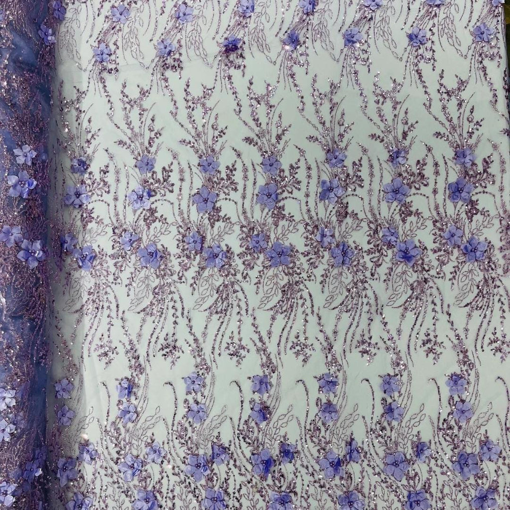 3D Floral Satin Lace - LILAC - 3D Luxury Satin Flower Glitter Sequin Fabric  58” Wide For Quinsiañera Dresses - Prom Dress Sold By The Yard