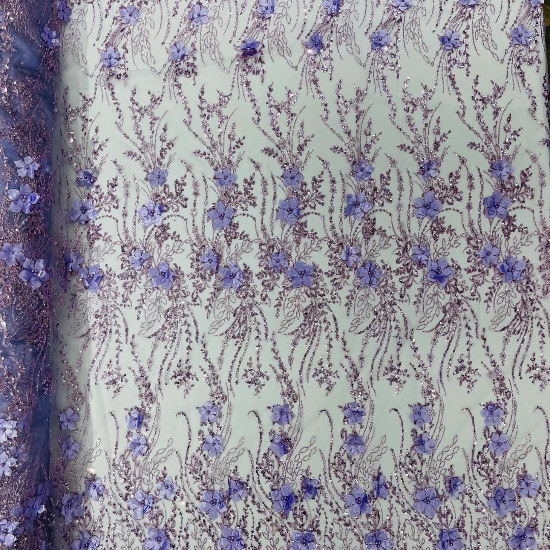 3D Floral Satin Lace - LILAC - 3D Luxury Satin Flower Glitter Sequin Fabric  58” Wide For Quinsiañera Dresses - Prom Dress Sold By The Yard