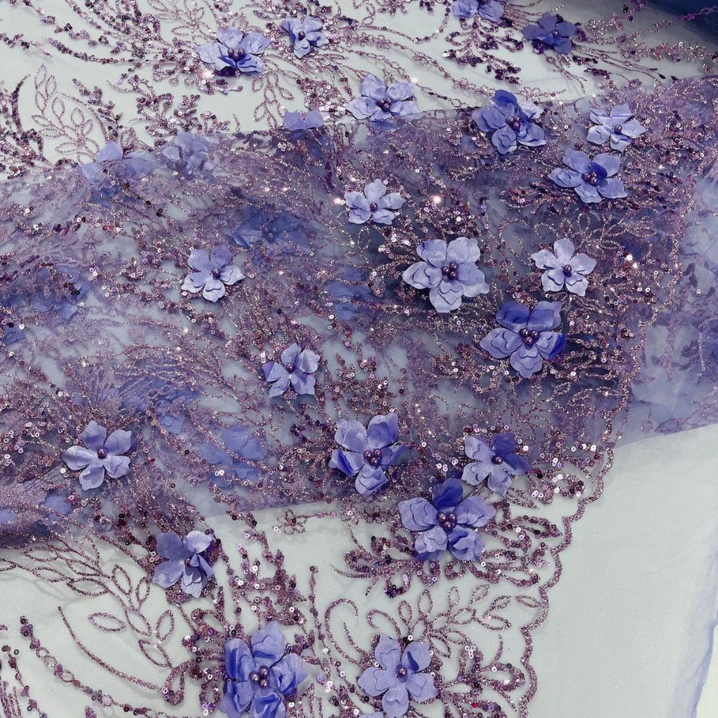 3D Floral Satin Lace - LILAC - 3D Luxury Satin Flower Glitter Sequin Fabric  58” Wide For Quinsiañera Dresses - Prom Dress Sold By The Yard