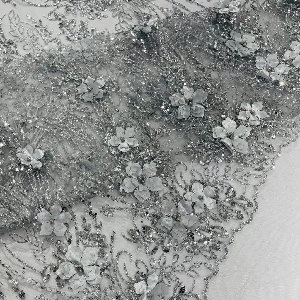 3D Floral Satin Lace - SILVER - 3D Luxury Satin Flower Glitter Sequin Fabric  58” Wide For Quinsiañera Dresses - Prom Dress Sold By Yard