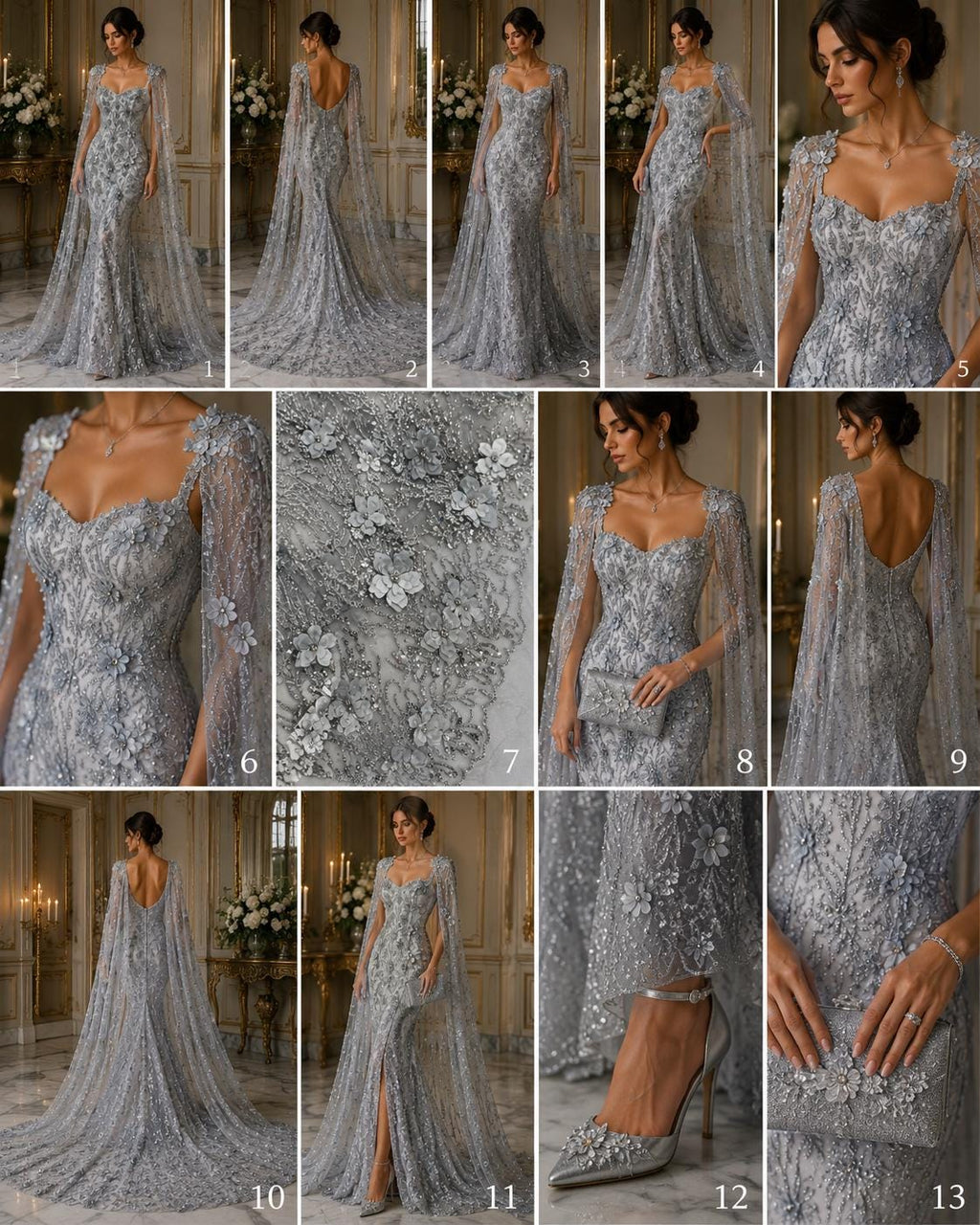 3D Floral Satin Lace - SILVER - 3D Luxury Satin Flower Glitter Sequin Fabric  58” Wide For Quinsiañera Dresses - Prom Dress Sold By Yard