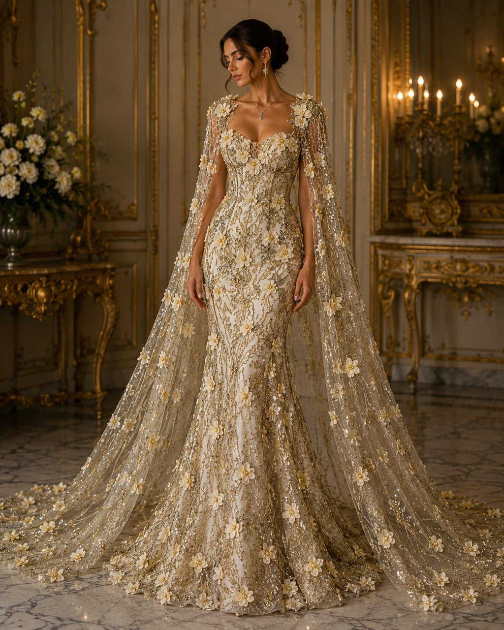 3D Floral Satin Lace - GOLD - 3D Luxury Satin Flower Glitter Sequin Fabric  58” Wide For Quinsiañera Dresses - Prom Dress Sold By Yard