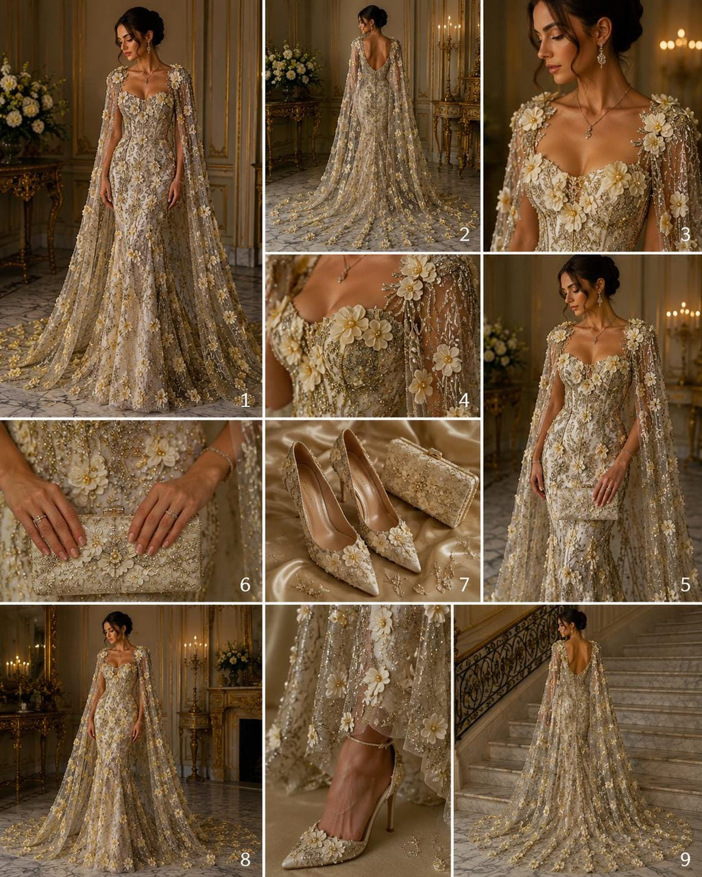 3D Floral Satin Lace - GOLD - 3D Luxury Satin Flower Glitter Sequin Fabric  58” Wide For Quinsiañera Dresses - Prom Dress Sold By Yard