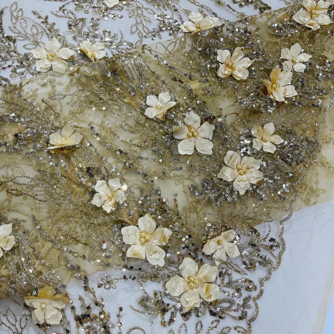 3D Floral Satin Lace - GOLD - 3D Luxury Satin Flower Glitter Sequin Fabric  58” Wide For Quinsiañera Dresses - Prom Dress Sold By Yard