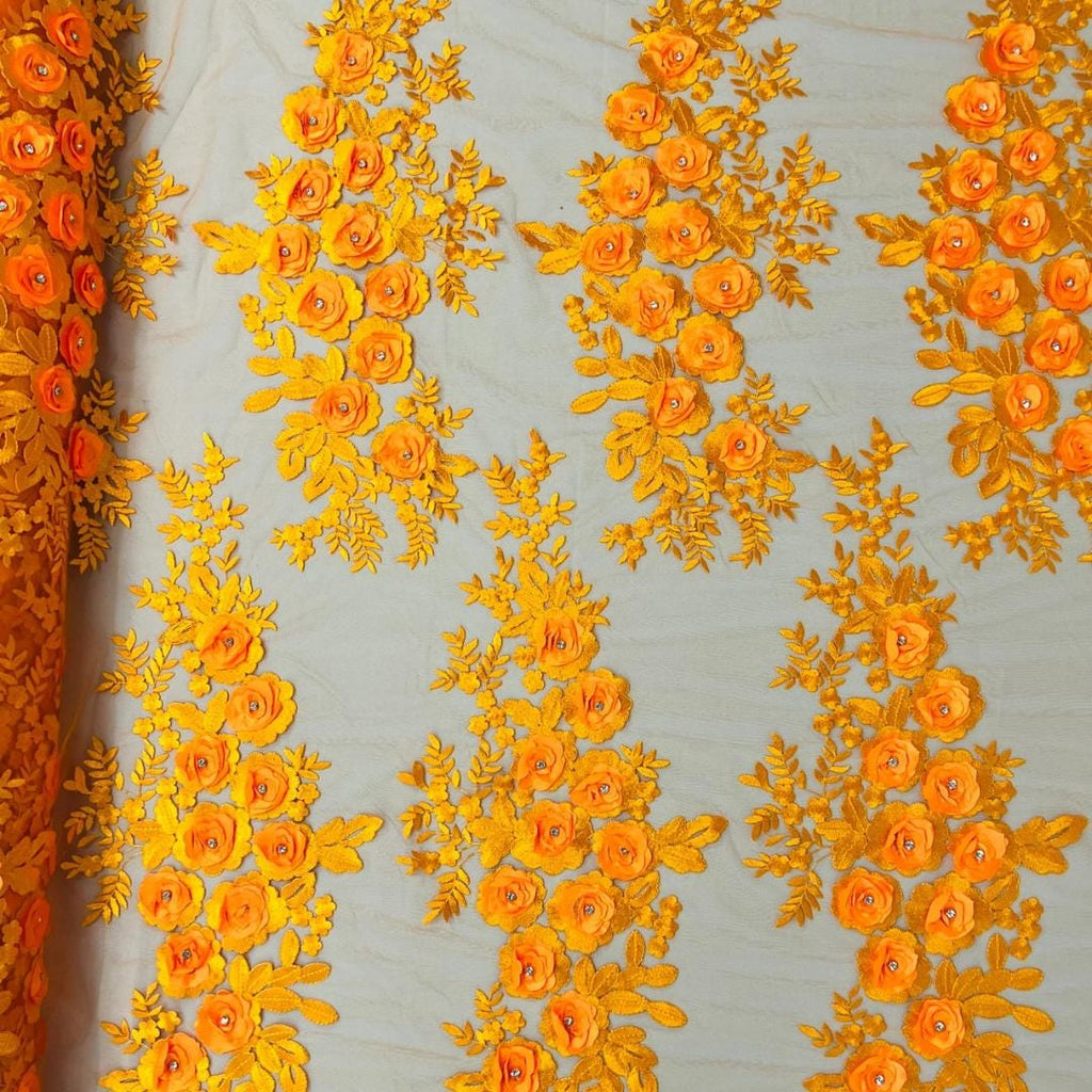 3D Floral Lace - ORANGE - 3D Floral Embroider Beaded Rhinestones On a Mesh Lace 48” Wide For Quinsiañera Dresses - Prom Dress Sold By Yard