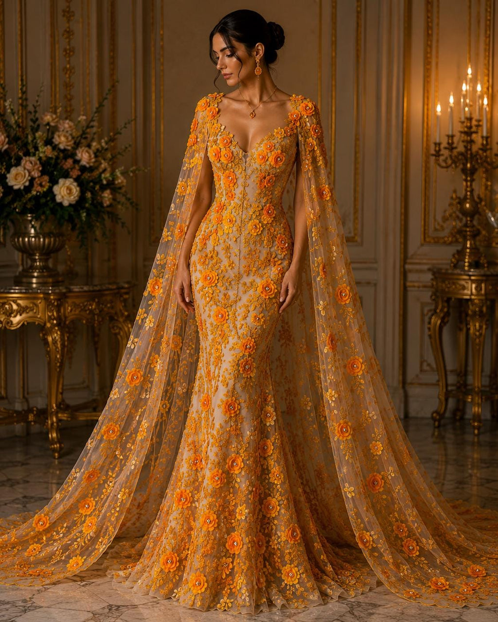 3D Floral Lace - ORANGE - 3D Floral Embroider Beaded Rhinestones On a Mesh Lace 48” Wide For Quinsiañera Dresses - Prom Dress Sold By Yard