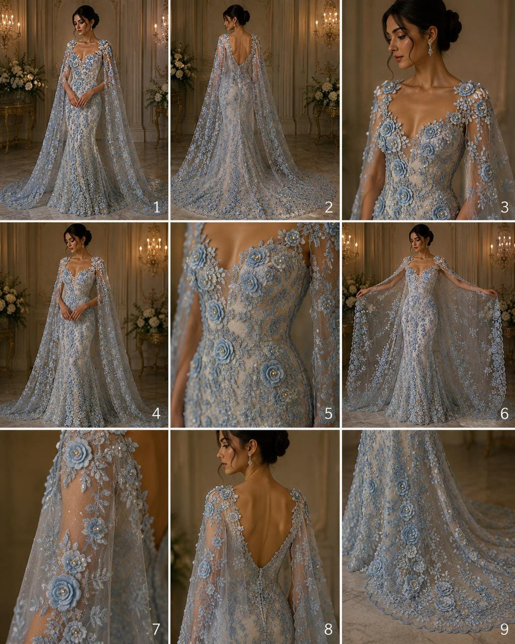 3D Floral Lace - LT BLUE - 3D Floral Embroider Beaded Rhinestones On a Mesh Lace 48” Wide For Quinsiañera Dresses - Prom Dress Sold By Yard
