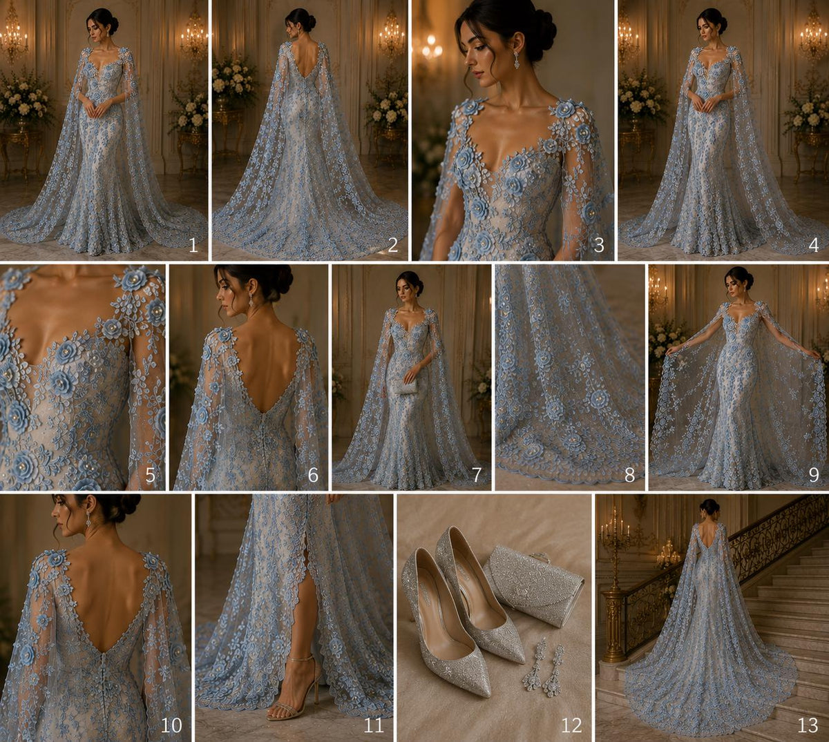 3D Floral Lace - LT BLUE - 3D Floral Embroider Beaded Rhinestones On a Mesh Lace 48” Wide For Quinsiañera Dresses - Prom Dress Sold By Yard