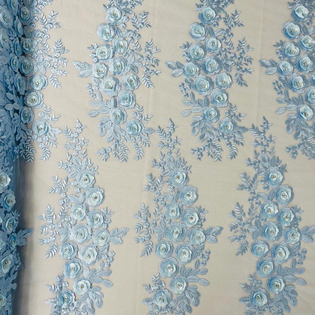 3D Floral Lace - LT BLUE - 3D Floral Embroider Beaded Rhinestones On a Mesh Lace 48” Wide For Quinsiañera Dresses - Prom Dress Sold By Yard