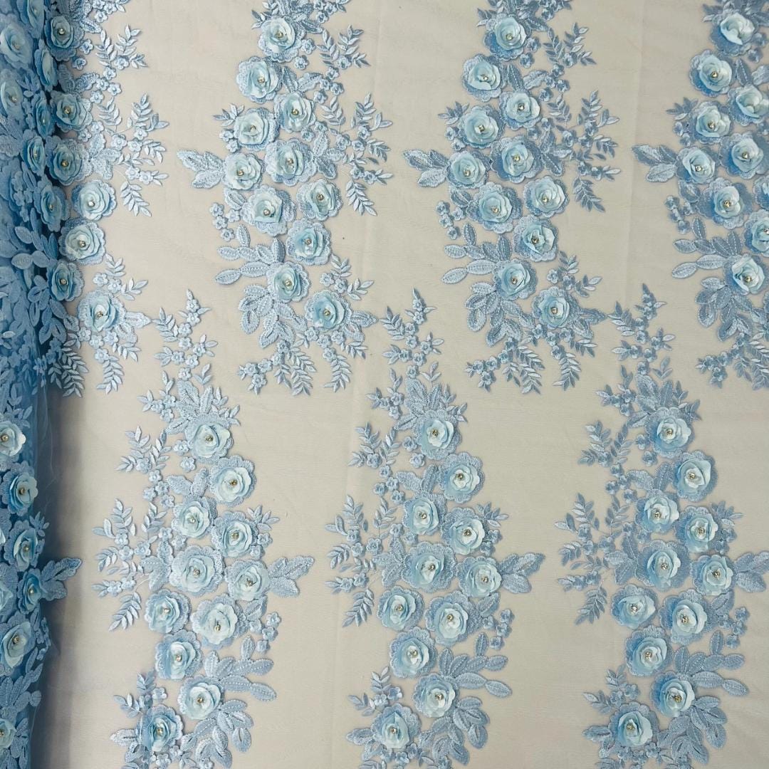 3D Floral Lace - LT BLUE - 3D Floral Embroider Beaded Rhinestones On a Mesh Lace 48” Wide For Quinsiañera Dresses - Prom Dress Sold By Yard