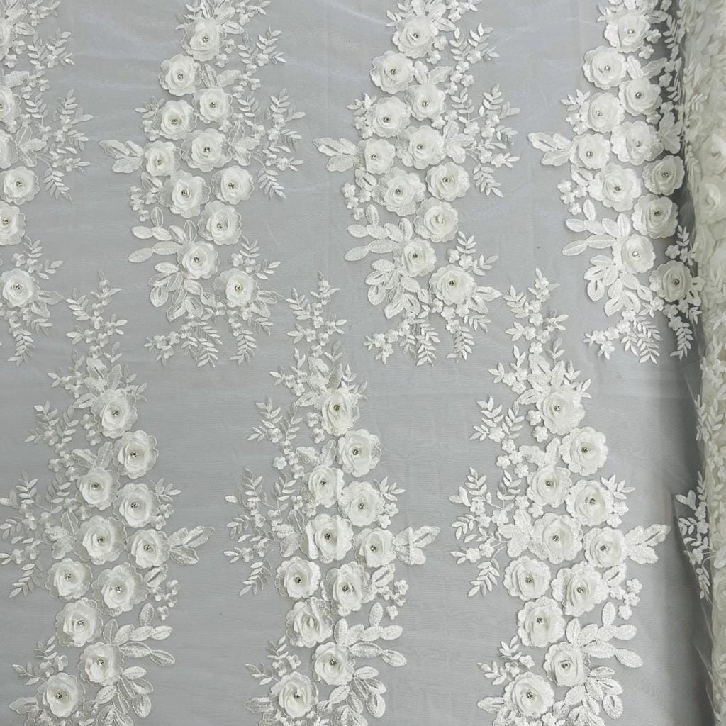 3D Floral Lace - IVORY - 3D Floral Embroider Beaded Rhinestones On a Mesh Lace 48” Wide For Quinsiañera Dresses - Prom Dress Sold By Yard