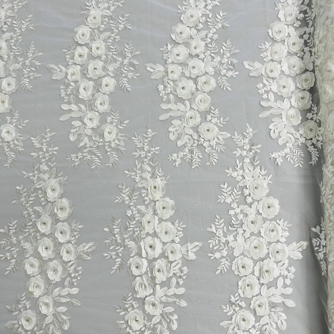 3D Floral Lace - IVORY - 3D Floral Embroider Beaded Rhinestones On a Mesh Lace 48” Wide For Quinsiañera Dresses - Prom Dress Sold By Yard