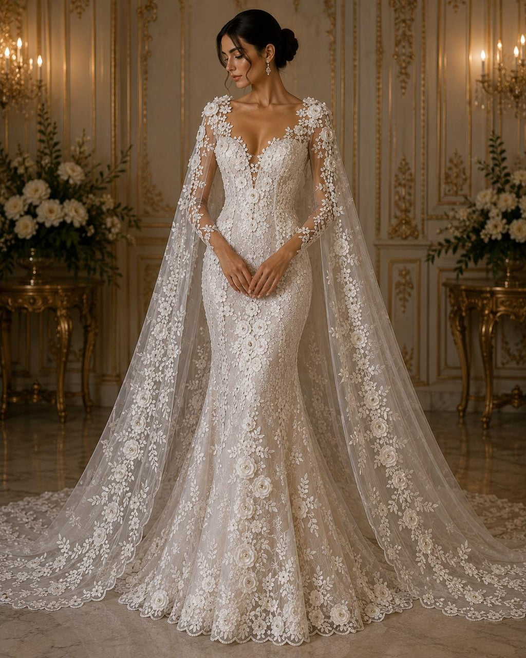 3D Floral Lace - IVORY - 3D Floral Embroider Beaded Rhinestones On a Mesh Lace 48” Wide For Quinsiañera Dresses - Prom Dress Sold By Yard