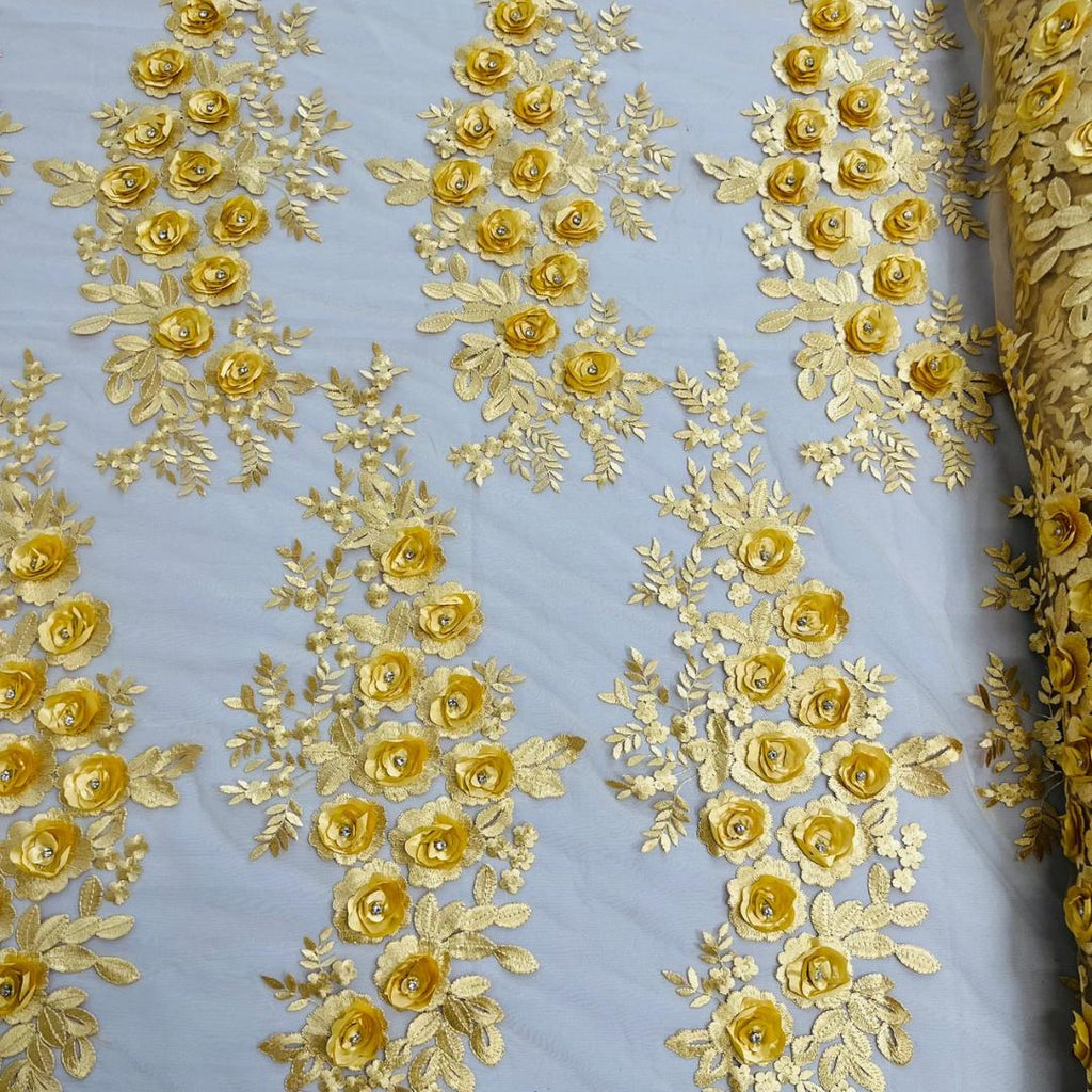 3D Floral Lace - GOLD - 3D Floral Embroider Beaded Rhinestones On a Mesh Lace 48” Wide For Quinsiañera Dresses - Prom Dress Sold By Yard