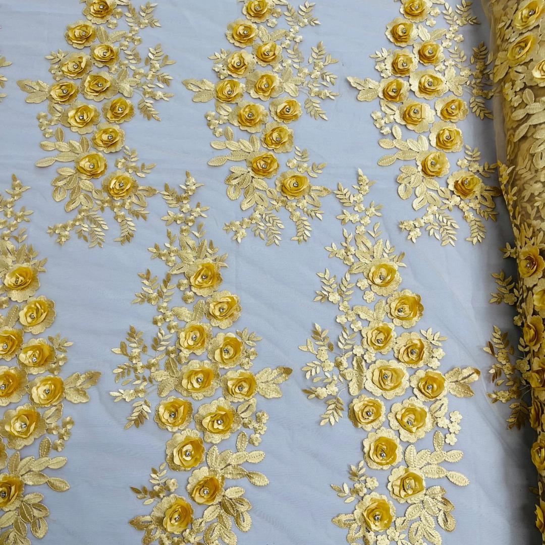 3D Floral Lace - GOLD - 3D Floral Embroider Beaded Rhinestones On a Mesh Lace 48” Wide For Quinsiañera Dresses - Prom Dress Sold By Yard