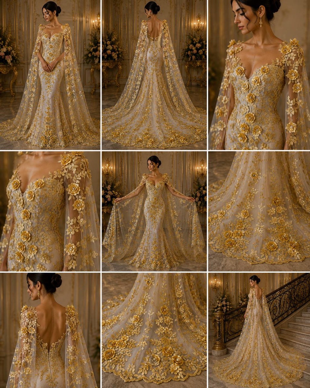 3D Floral Lace - GOLD - 3D Floral Embroider Beaded Rhinestones On a Mesh Lace 48” Wide For Quinsiañera Dresses - Prom Dress Sold By Yard