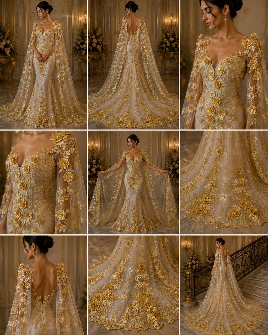 3D Floral Lace - GOLD - 3D Floral Embroider Beaded Rhinestones On a Mesh Lace 48” Wide For Quinsiañera Dresses - Prom Dress Sold By Yard