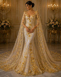 3D Floral Lace - GOLD - 3D Floral Embroider Beaded Rhinestones On a Mesh Lace 48” Wide For Quinsiañera Dresses - Prom Dress Sold By Yard