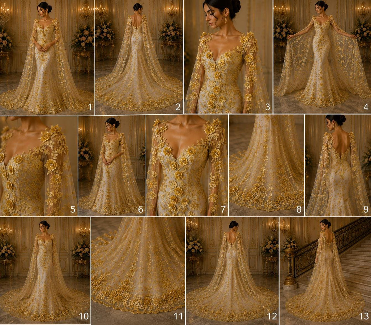 3D Floral Lace - GOLD - 3D Floral Embroider Beaded Rhinestones On a Mesh Lace 48” Wide For Quinsiañera Dresses - Prom Dress Sold By Yard