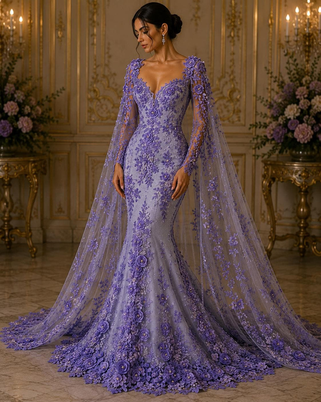 3D Floral Lace - LAVENDER - 3D Floral Embroider Beaded Rhinestones On a Mesh Lace 48” Wide For Quinsiañera Dresses - Prom Dress Sold By Yard