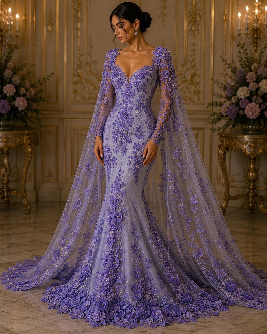 3D Floral Lace - LAVENDER - 3D Floral Embroider Beaded Rhinestones On a Mesh Lace 48” Wide For Quinsiañera Dresses - Prom Dress Sold By Yard