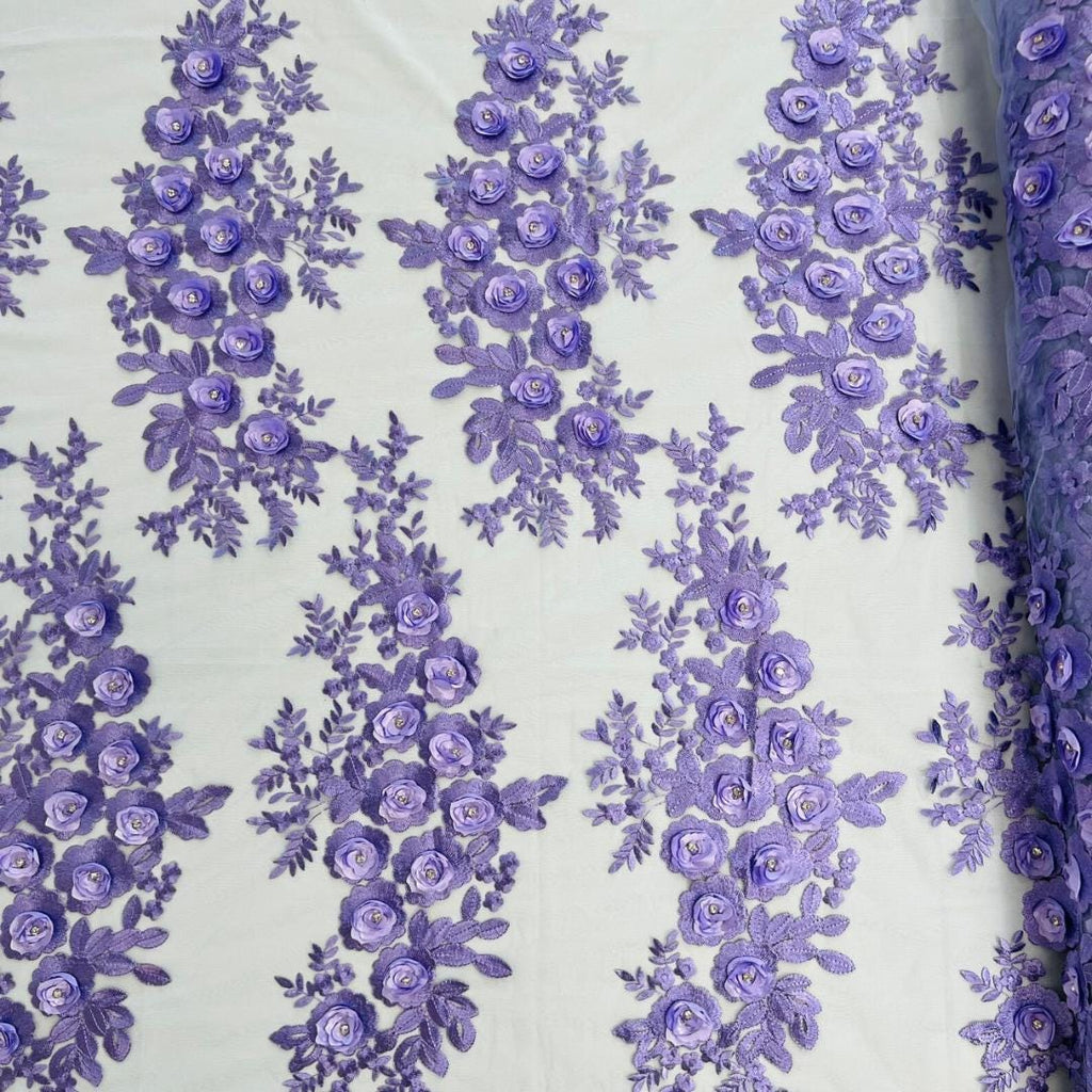 3D Floral Lace - LAVENDER - 3D Floral Embroider Beaded Rhinestones On a Mesh Lace 48” Wide For Quinsiañera Dresses - Prom Dress Sold By Yard