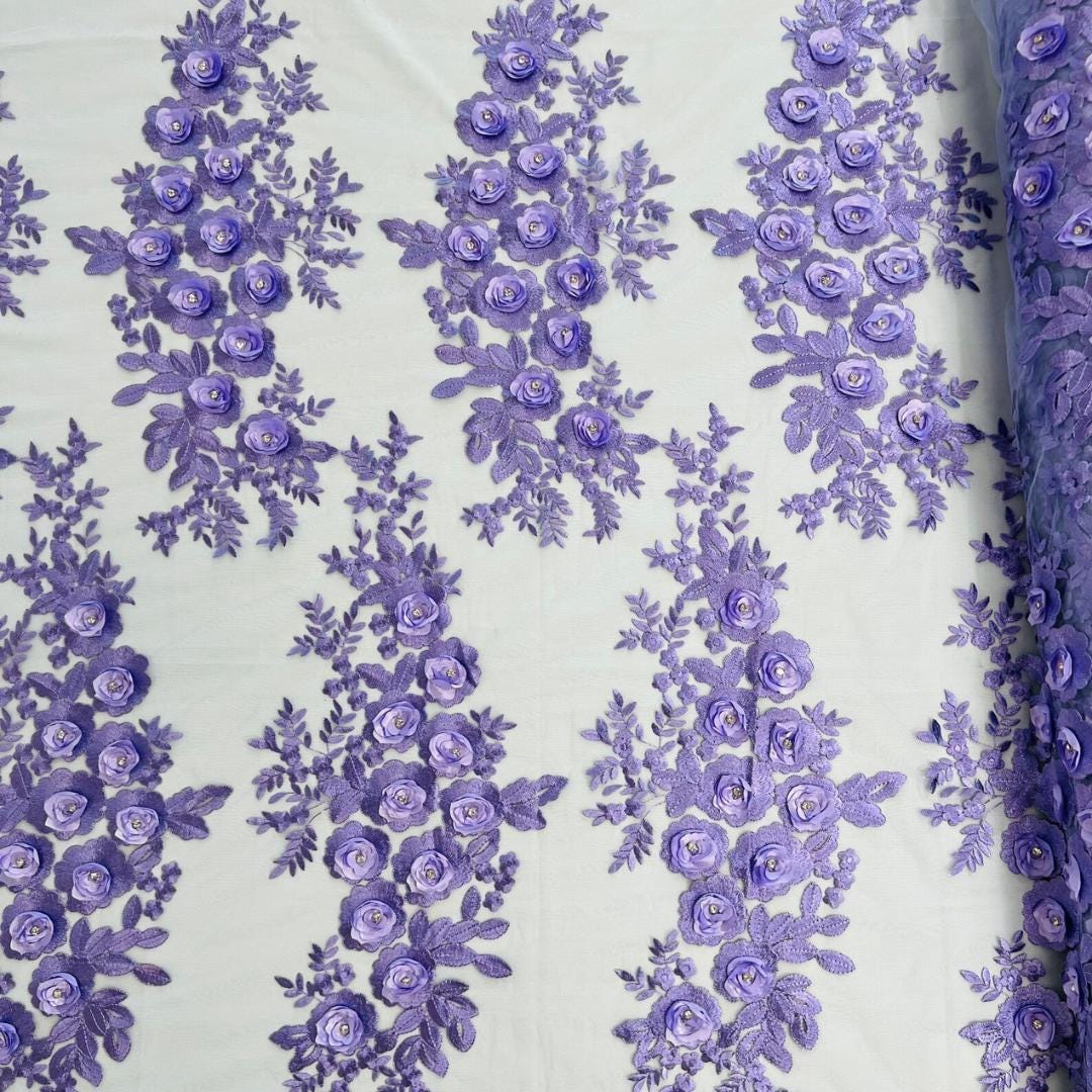 3D Floral Lace - LAVENDER - 3D Floral Embroider Beaded Rhinestones On a Mesh Lace 48” Wide For Quinsiañera Dresses - Prom Dress Sold By Yard