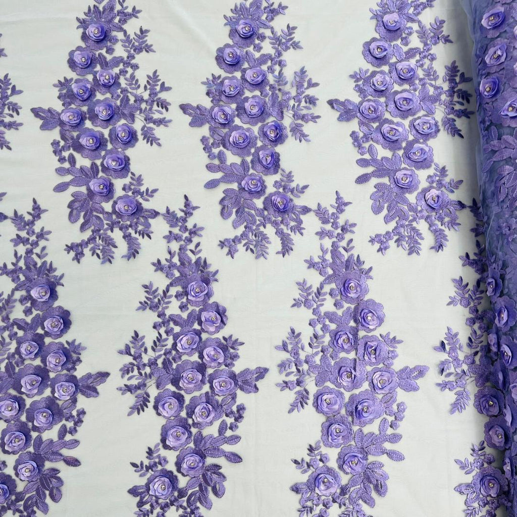 3D Floral Lace - LAVENDER - 3D Floral Embroider Beaded Rhinestones On a Mesh Lace 48” Wide For Quinsiañera Dresses - Prom Dress Sold By Yard