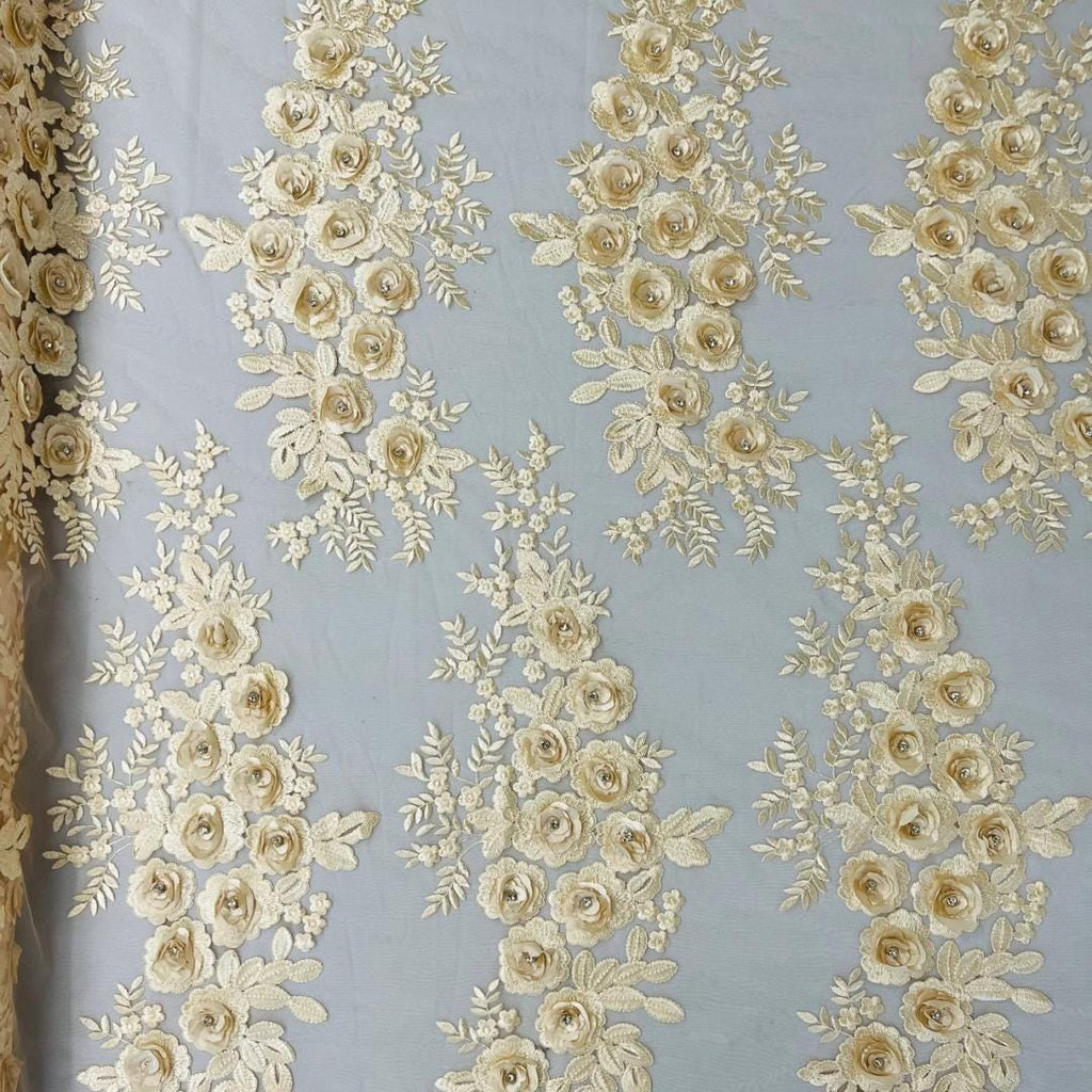3D Floral Lace - CHAMPAGNE - 3D Floral Embroider Beaded Rhinestones On a Mesh Lace 48” For Quinsiañera Dresses - Prom Dress Sold By Yard