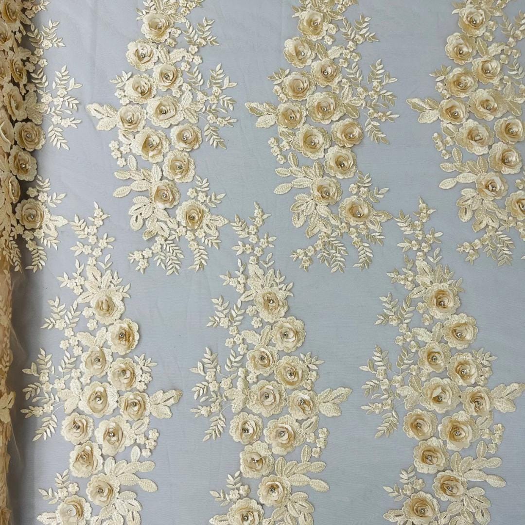 3D Floral Lace - CHAMPAGNE - 3D Floral Embroider Beaded Rhinestones On a Mesh Lace 48” For Quinsiañera Dresses - Prom Dress Sold By Yard