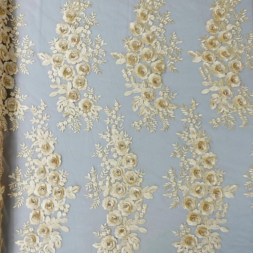 3D Floral Lace - CHAMPAGNE - 3D Floral Embroider Beaded Rhinestones On a Mesh Lace 48” For Quinsiañera Dresses - Prom Dress Sold By Yard