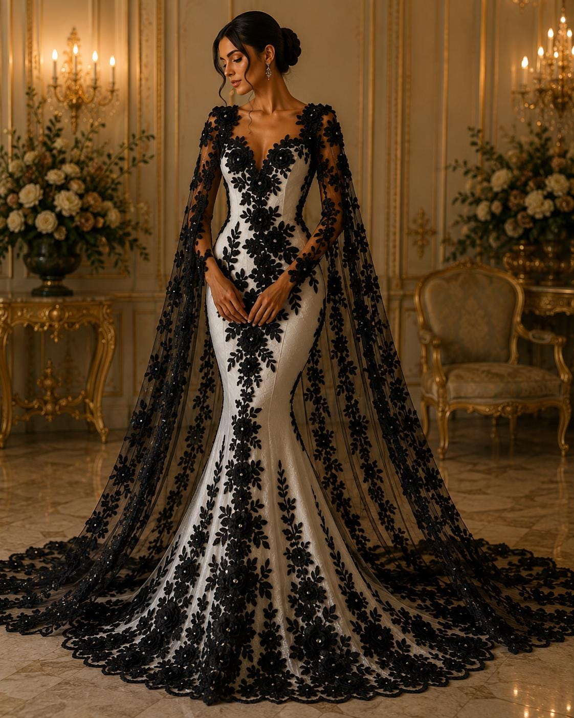3D Floral Lace - BLACK - 3D Floral Embroider Beaded Rhinestones On a Mesh Lace 48” For Quinsiañera Dresses - Prom Dress Sold By Yard