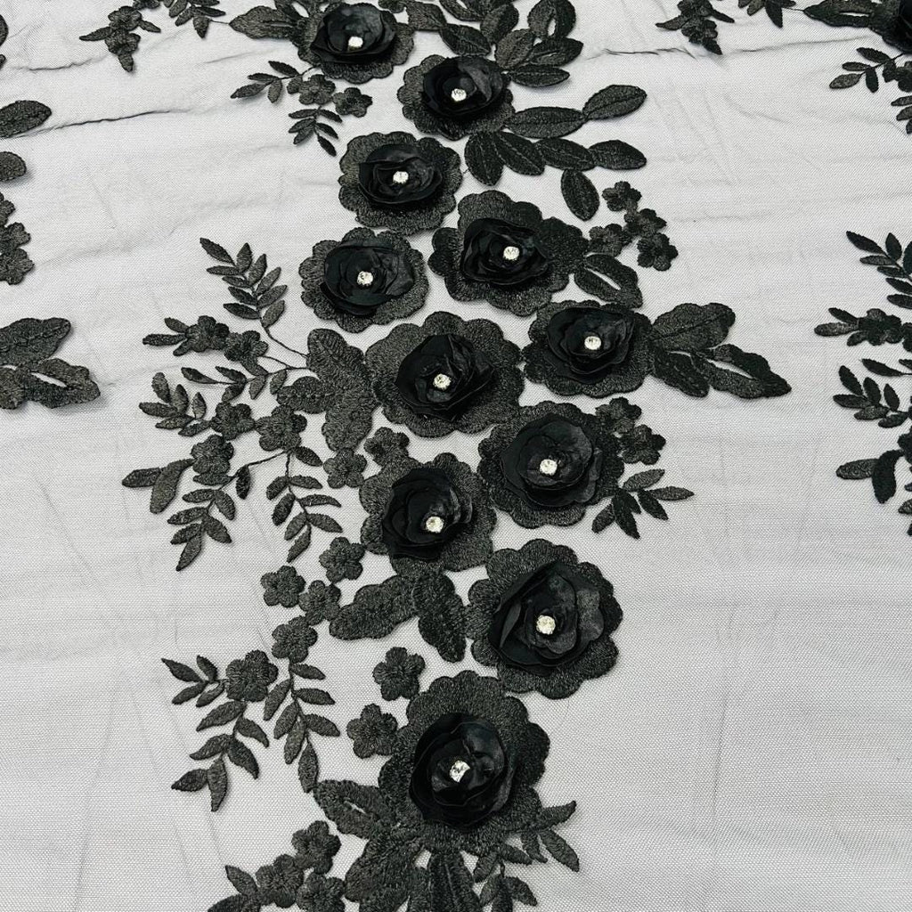 3D Floral Lace - BLACK - 3D Floral Embroider Beaded Rhinestones On a Mesh Lace 48” For Quinsiañera Dresses - Prom Dress Sold By Yard