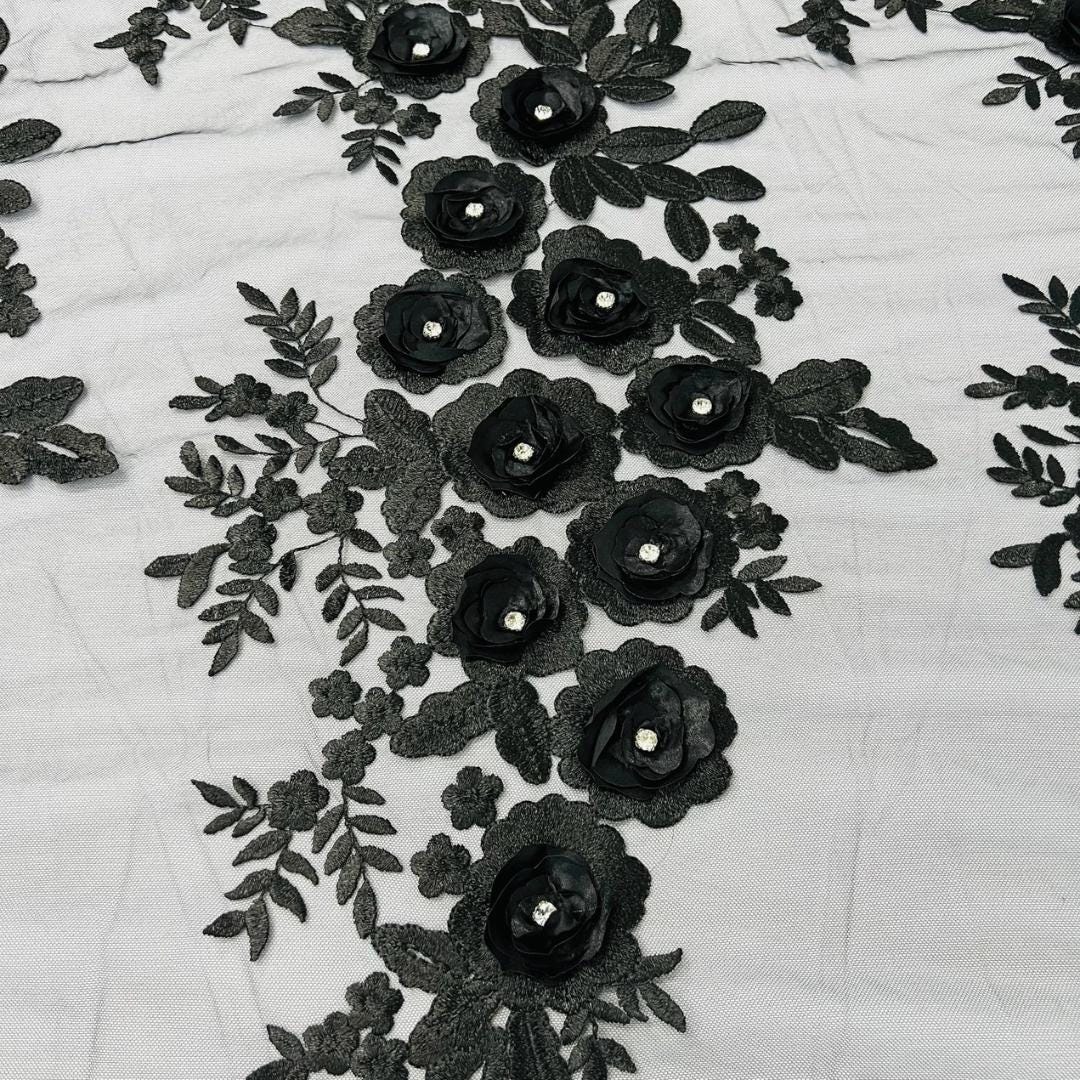 3D Floral Lace - BLACK - 3D Floral Embroider Beaded Rhinestones On a Mesh Lace 48” For Quinsiañera Dresses - Prom Dress Sold By Yard