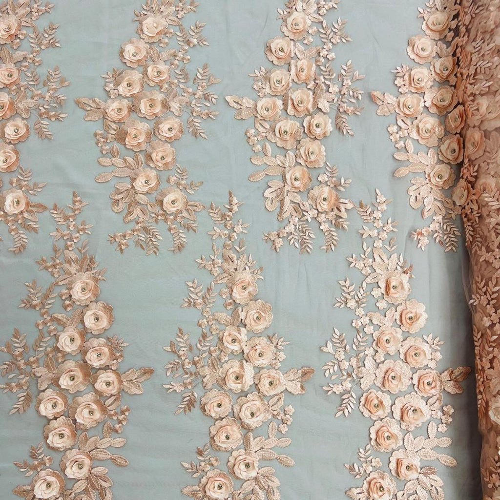 3D Floral Lace - BLUSH - 3D Floral Embroider Beaded Rhinestones On a Mesh Lace 48” For Quinsiañera Dresses - Prom Dress Sold By Yard