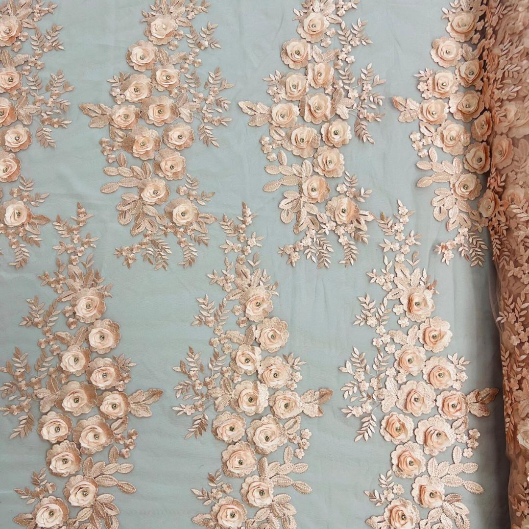 3D Floral Lace - BLUSH - 3D Floral Embroider Beaded Rhinestones On a Mesh Lace 48” For Quinsiañera Dresses - Prom Dress Sold By Yard