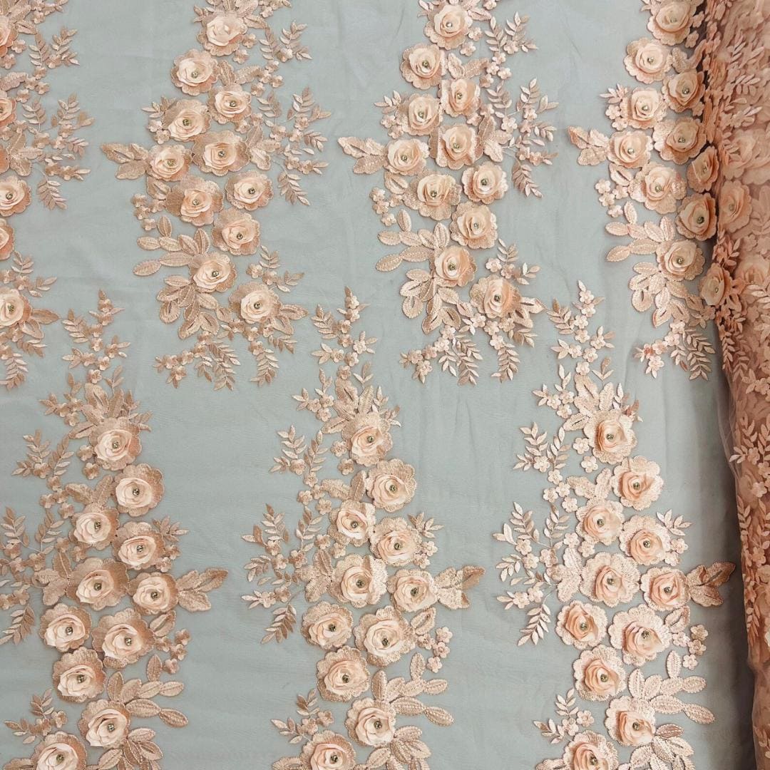 3D Floral Lace - BLUSH - 3D Floral Embroider Beaded Rhinestones On a Mesh Lace 48” For Quinsiañera Dresses - Prom Dress Sold By Yard