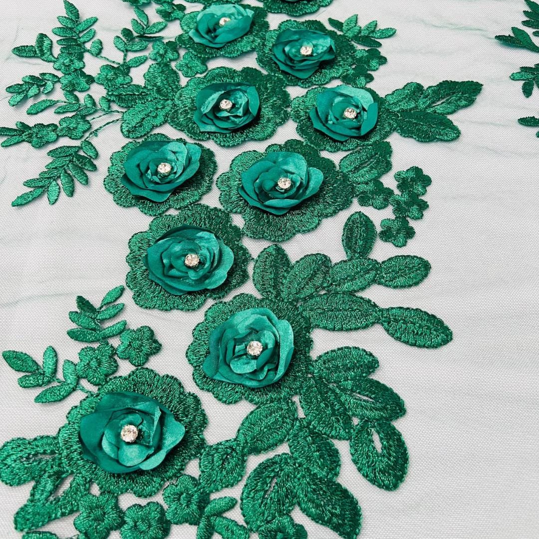 3D Floral Lace - HUNTER - 3D Floral Embroider Beaded Rhinestones On a Mesh Lace 48” For Quinsiañera Dresses - Prom Dress Sold By Yard