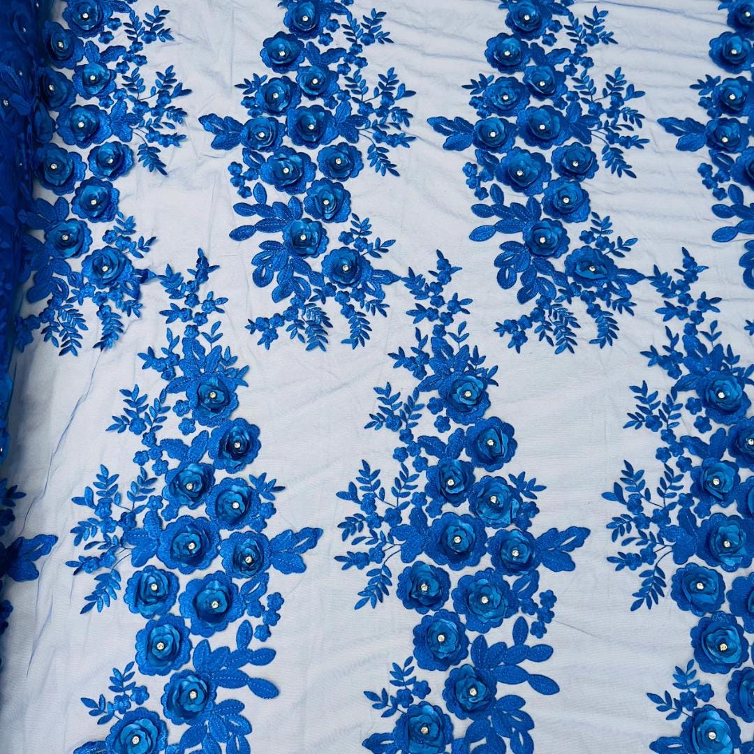 3D Floral Lace - ROYAL - 3D Floral Embroider Beaded Rhinestones On a Mesh Lace 48” For Quinsiañera Dresses - Prom Dress Sold By Yard