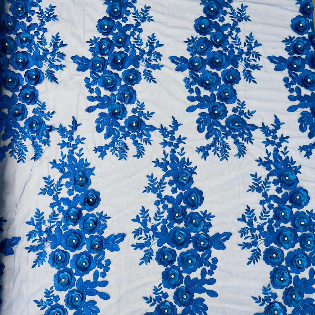 3D Floral Lace - ROYAL - 3D Floral Embroider Beaded Rhinestones On a Mesh Lace 48” For Quinsiañera Dresses - Prom Dress Sold By Yard