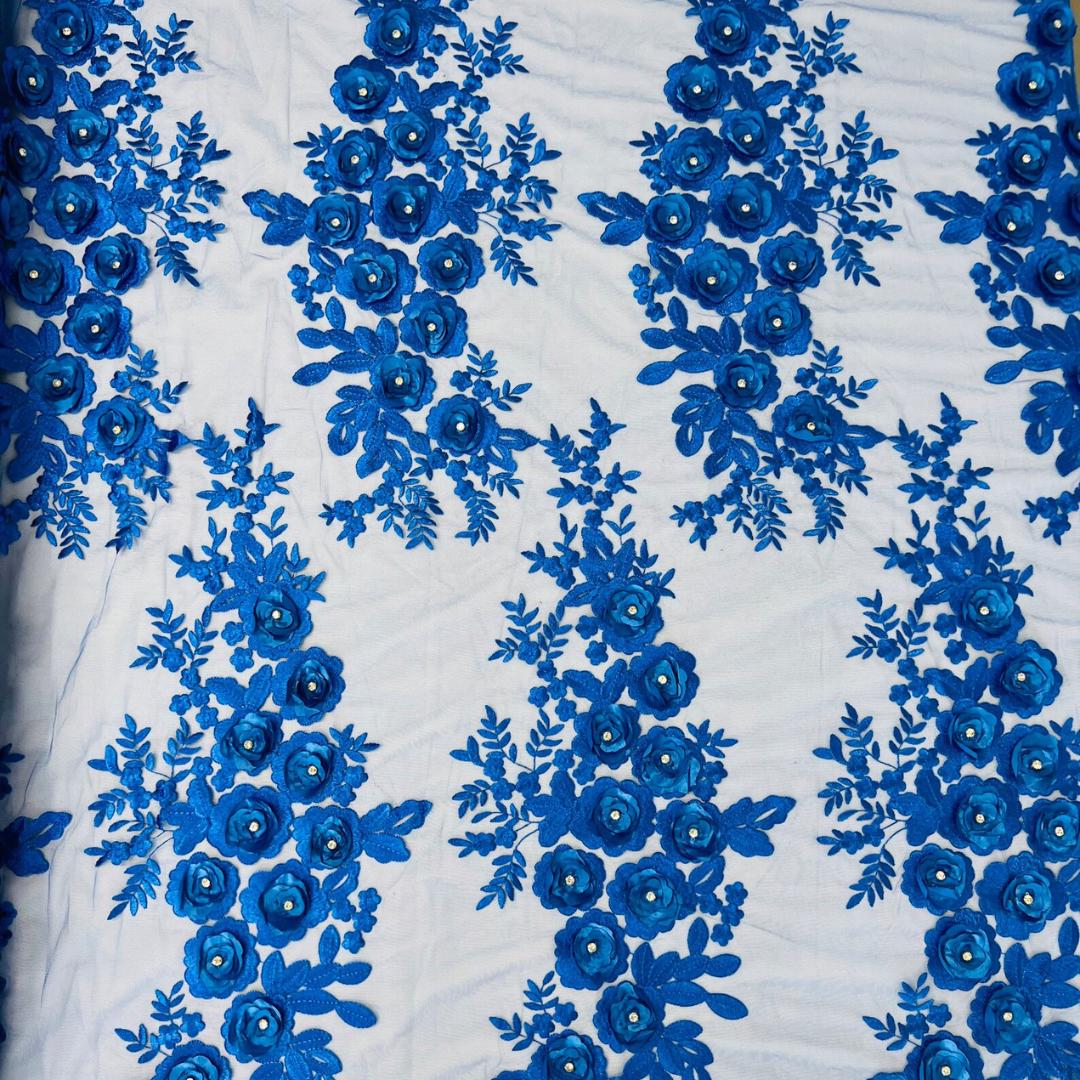 3D Floral Lace - ROYAL - 3D Floral Embroider Beaded Rhinestones On a Mesh Lace 48” For Quinsiañera Dresses - Prom Dress Sold By Yard