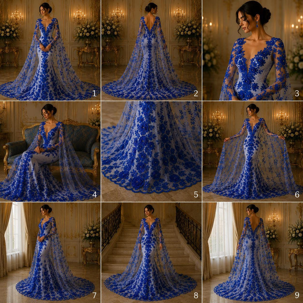 3D Floral Lace - ROYAL - 3D Floral Embroider Beaded Rhinestones On a Mesh Lace 48” For Quinsiañera Dresses - Prom Dress Sold By Yard