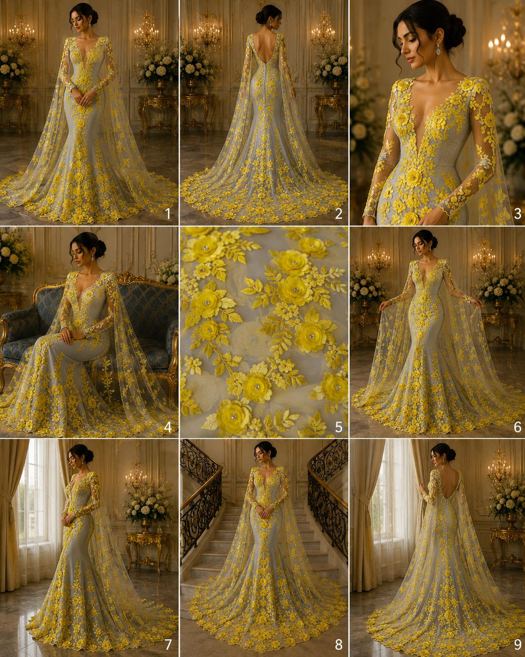 3D Floral Lace - YELLOW - 3D Floral Embroider Beaded Rhinestones On a Mesh Lace 48” For Quinsiañera Dresses - Prom Dress Sold By Yard