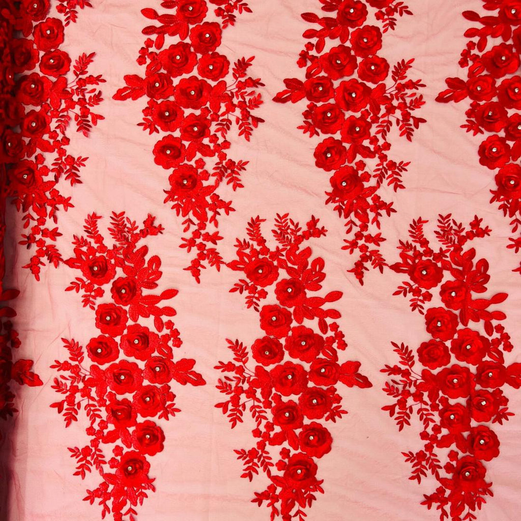 3D Floral Lace - RED - 3D Floral Embroider Beaded Rhinestones On a Mesh Lace 48” For Quinsiañera Dresses - Prom Dress Sold By Yard